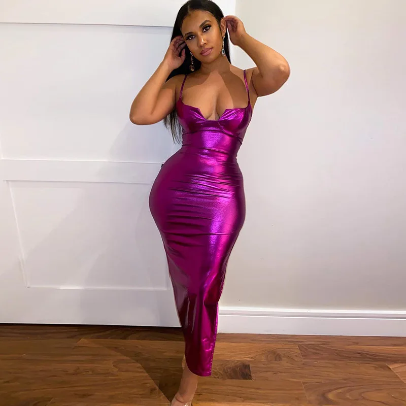 Sequins Spaghetti Strap Pleated Women's Prom Skirt Deep-V Neck High Split Backless Bandage Dress Purple Mid-Waist Party Gown