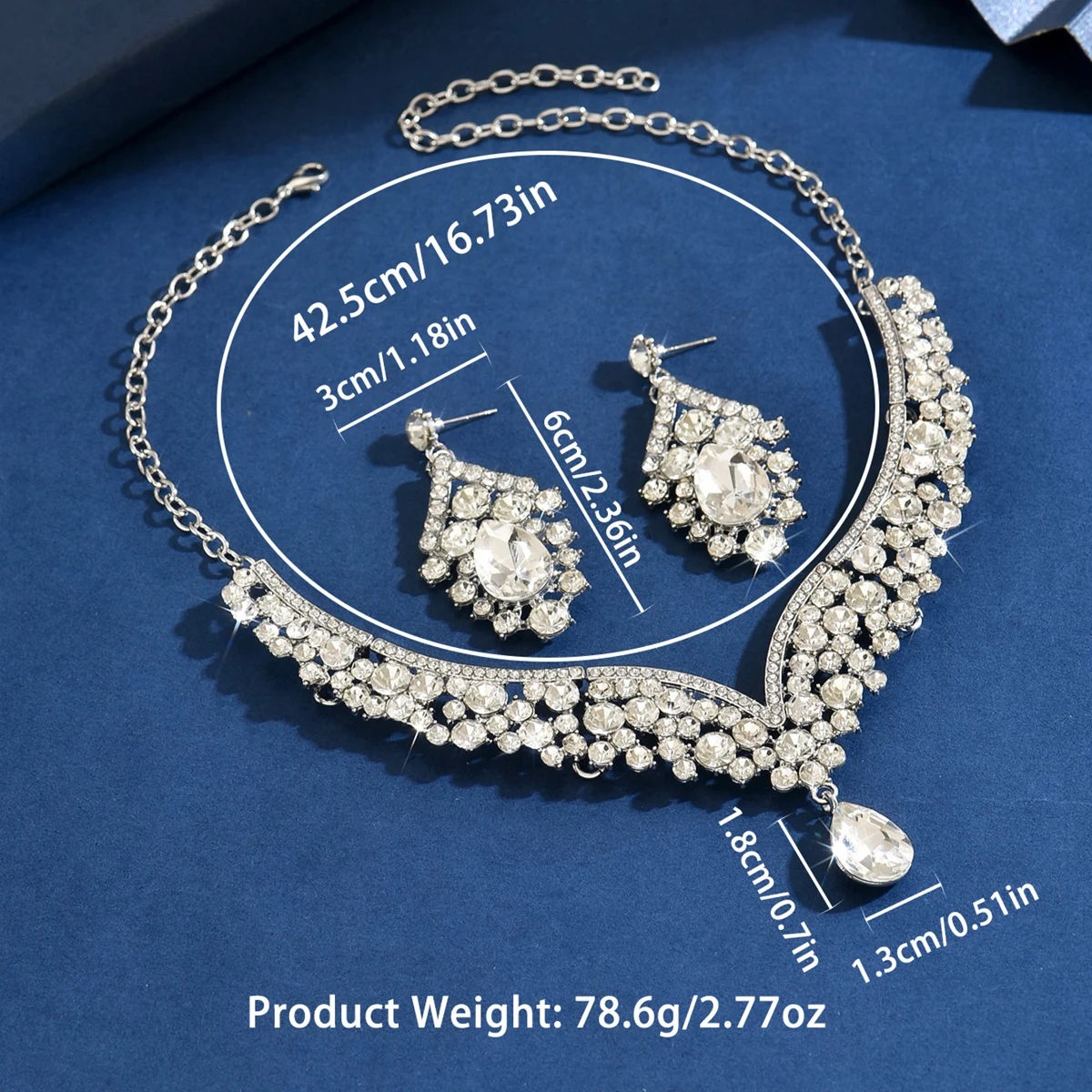 3PC-Luxury Silver Clear Rhinestone V Drop Necklace And Earrings Set For Prom Night Bridesmaid Stage Show Dinner Gathering