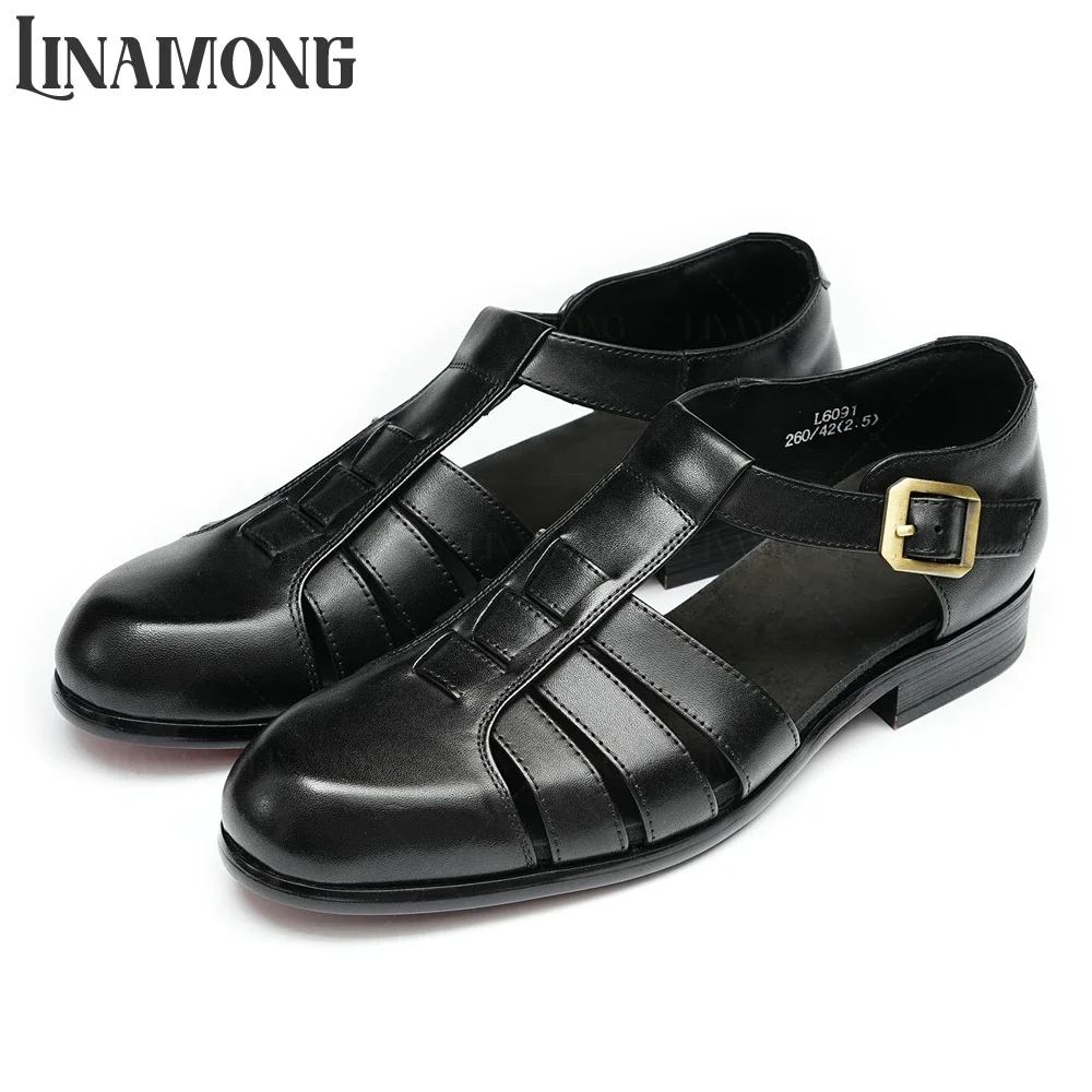 Braided Genuine Leather Gladiator Sandals for Men Ankle Buckle Hollow Summer Leather Shoes Breathable Closed Toe Leather Shoes