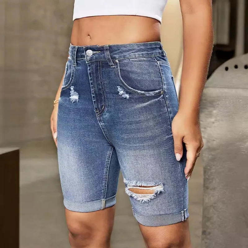 

2025 Summer New Women's High Waist Curled Denim Shorts Fashion Casual High Elasticity Slim Knee Length American Jeans Shorts