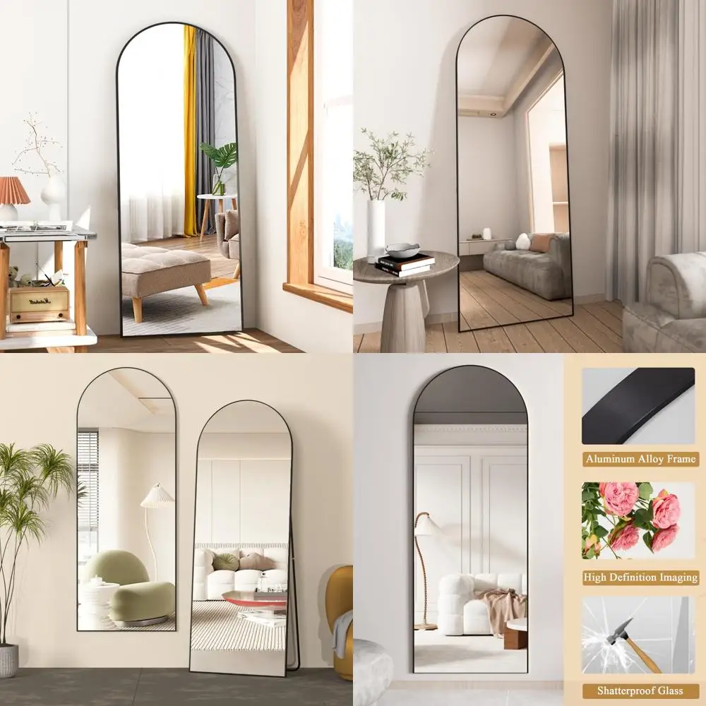 مرآة قائمة على الأرض مقوسة، مرآة سوداء كاملة الطول مقاس 56 × 16 بوصة مع حامل، مثالية لغرفة النوم، تعزز الديكور الداخلي
