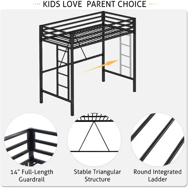 Cama doble alta resistencia para Loft Junior, marco cama doble con barandilla longitud completa y escaleras extraíbles