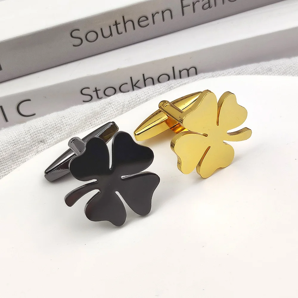 Stainless Steel Four-leaf Clover Cufflinks for Men Cuffs Buttons Lucky French Shirt Cuff Links New Men's Suit Accessories Gifts