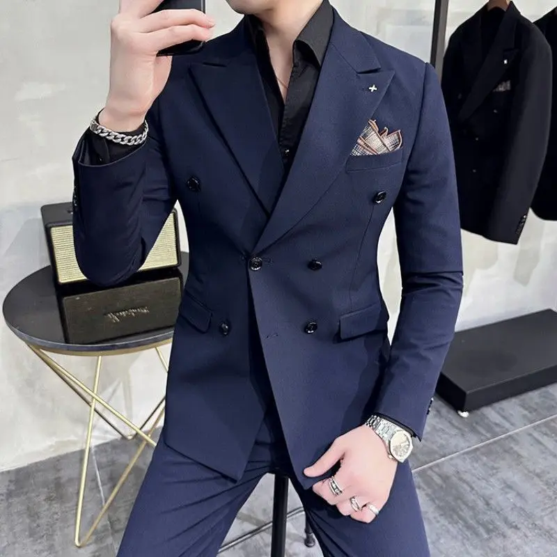 Abito casual da uomo d'affari Beige Nero Grigio Moda britannica doppio petto Abito da uomo slim Set da 2 pezzi (giacca + pantaloni) Matrimonio