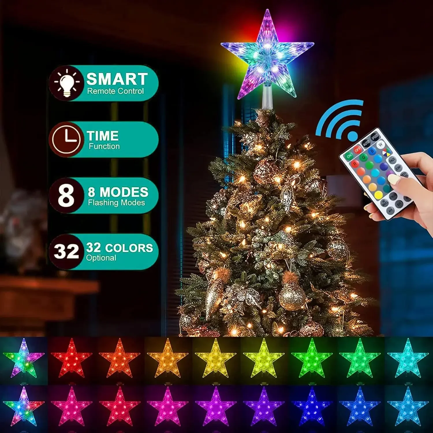 マルチカラーLEDクリスマスツリートッパー,ナイトライト装飾,リモコン,16色変更,18cm
