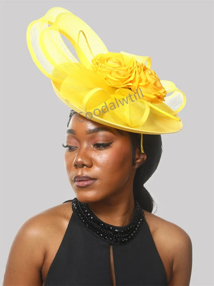 Yellow Party Fascinator Hat Women Elegant Church Headwear Bride Wedding Hair Accessories Kentucky Derby Pillbox Cap Flower