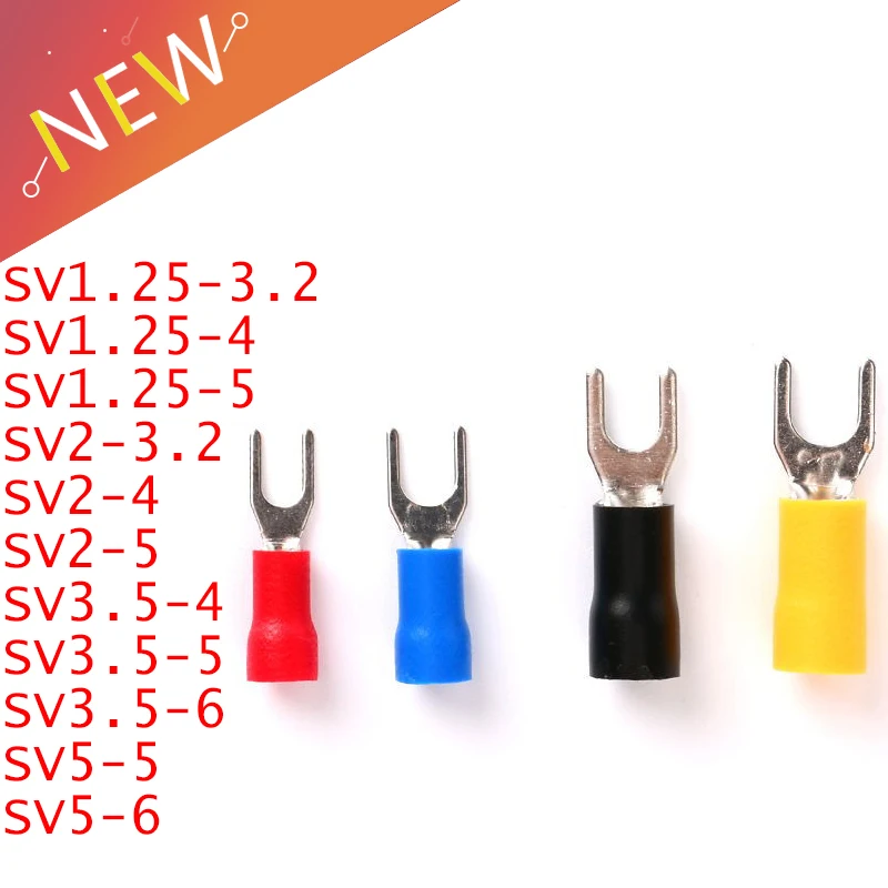 100Pcs Insulated Fork Spade Wire Connectors U Type Electrical Crimp Terminal for 22-10AWG SV1.25-3.2 SV1.25-4 SV1.25-5 SV2-3.2