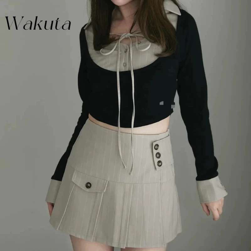 WAKUTA Japanese Sweet Lapel Tied Long Sleeve Shirt Style Top Temperament Striped Pleated Mini Skirt Irregular 2-piece Set Spring