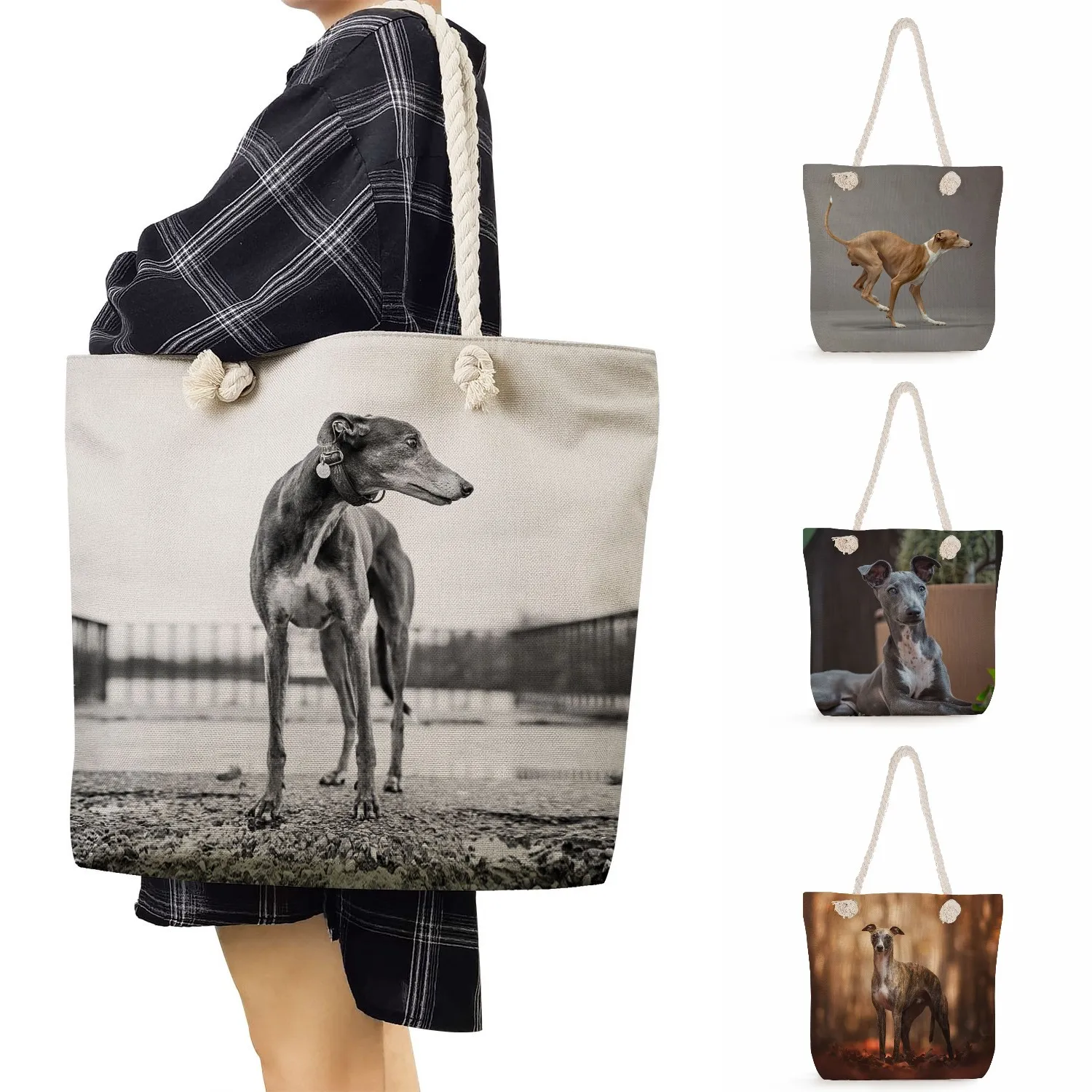 

Women Shopping Tote Bags Female Cool Style Dog Graphic Travel Thick Rope Beach Bag Greyhound Print Handbags High Capacity Casual