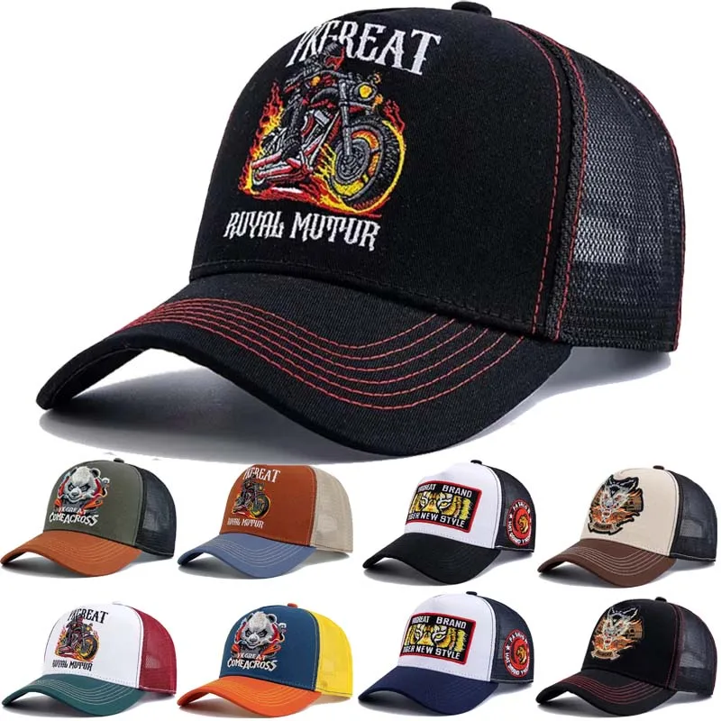 Hot Sale Motorcycle Embroidered Trucker Hat Flame Biker Patch Baseball Cap For Man Woman Breathable Streetwear Summer Mesh Caps