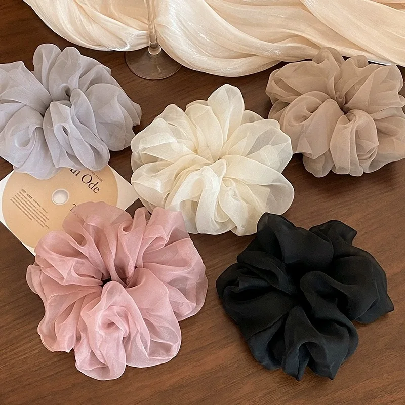 Sweet Vintage Chiffon Women Hair Scrunchies Solid Color Pink Hair Band Girls Ponytail Holder Rubber Bands Oversized Hair Ropes