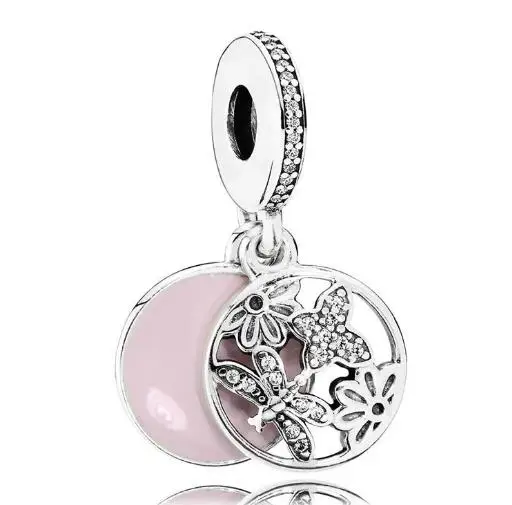 Genuine 925 Sterling Silver Bead Charm Pink Enamel Openwork Springtime Pendant Beads Fit pandora Bracelet & Necklace Jewelry