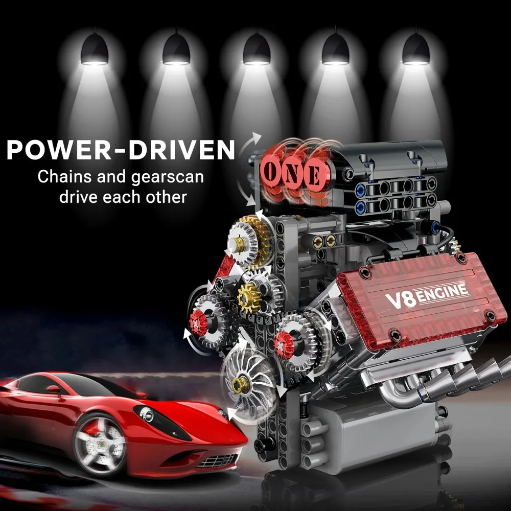 G8909 478PCS V8 Engine Building Kit Motorized Car Model Simulation Model Electrically Drive STEM Educational Toy for Kids Adults