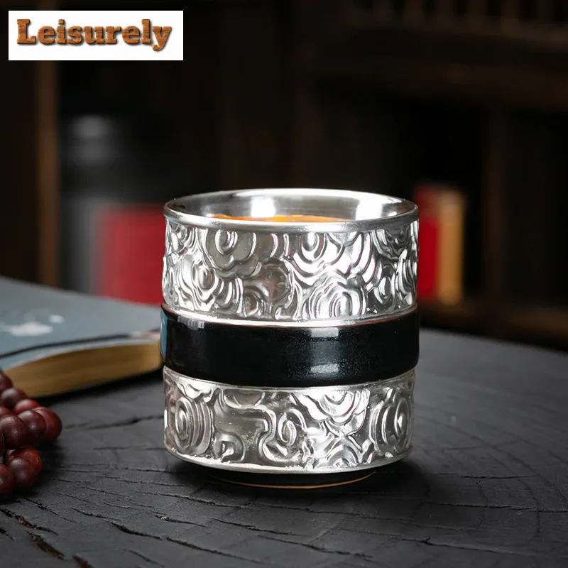 100ml Handmade 999 Pure Silver Gilded Teacup Tianmu Glaze Cloud Master Cup Coffee Mug Personal Water Jug High End Cha Gift Box