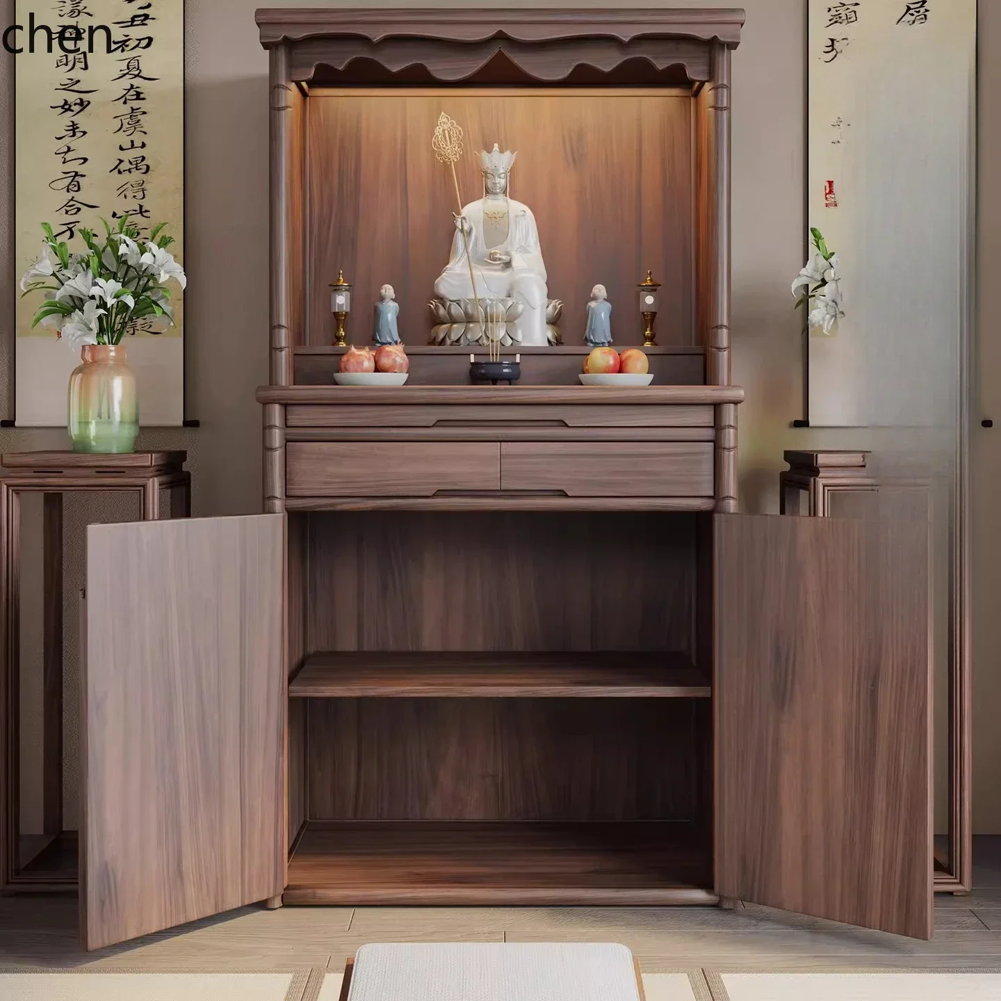 HYS Black Walnut Wood Buddha Shrine God Shrine  Bodhisattva God of Wealth Guan Gong Worship Altar Cabinet Set Standing Cabinet