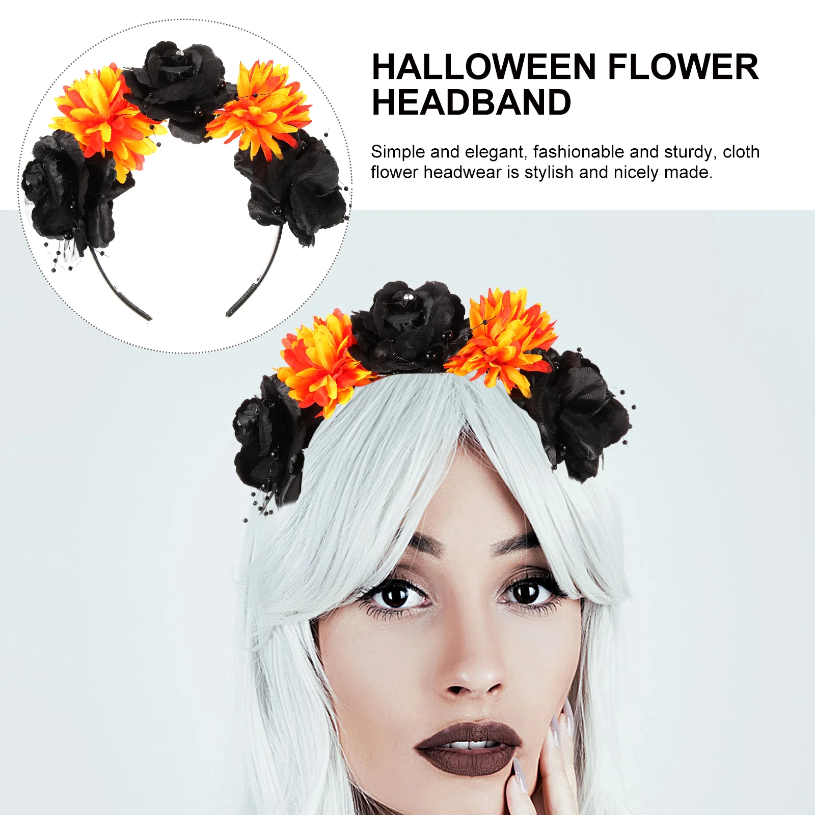 Halloween Headgear Gothic Flower Headband Red Fabric Flowers with Skull Plastic Headwear