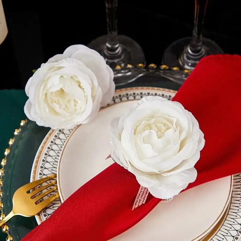 

A52E Exquisites Napkin Rings with Roses Simulation Eucalyptuses Flowers Napkin Buckles for Easter and Christmas Tables