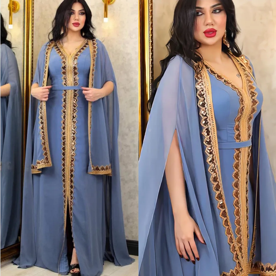 Elegant Abayas for Women Dubai 2025 Muslim Kimono Dress 2 Piece Set Chiffon Cloak Sleeve Kaftan Plus Size Party Sequin Robe Gown