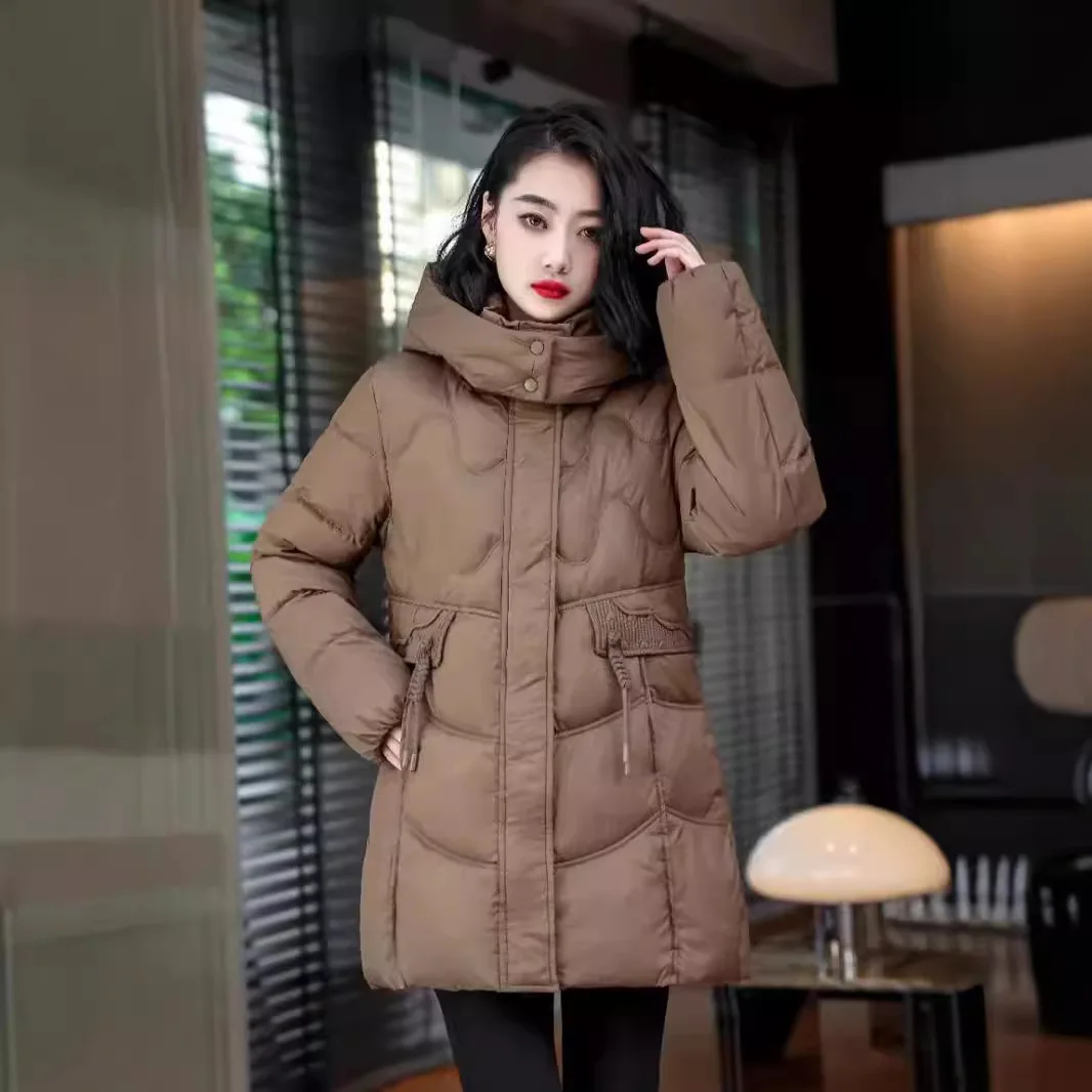 Women's Mid-length Hooded Down Jacket with Slim Disk Buckle, White Duck Down Coat, Light Warm Puffer Jacket, Winter Fashion