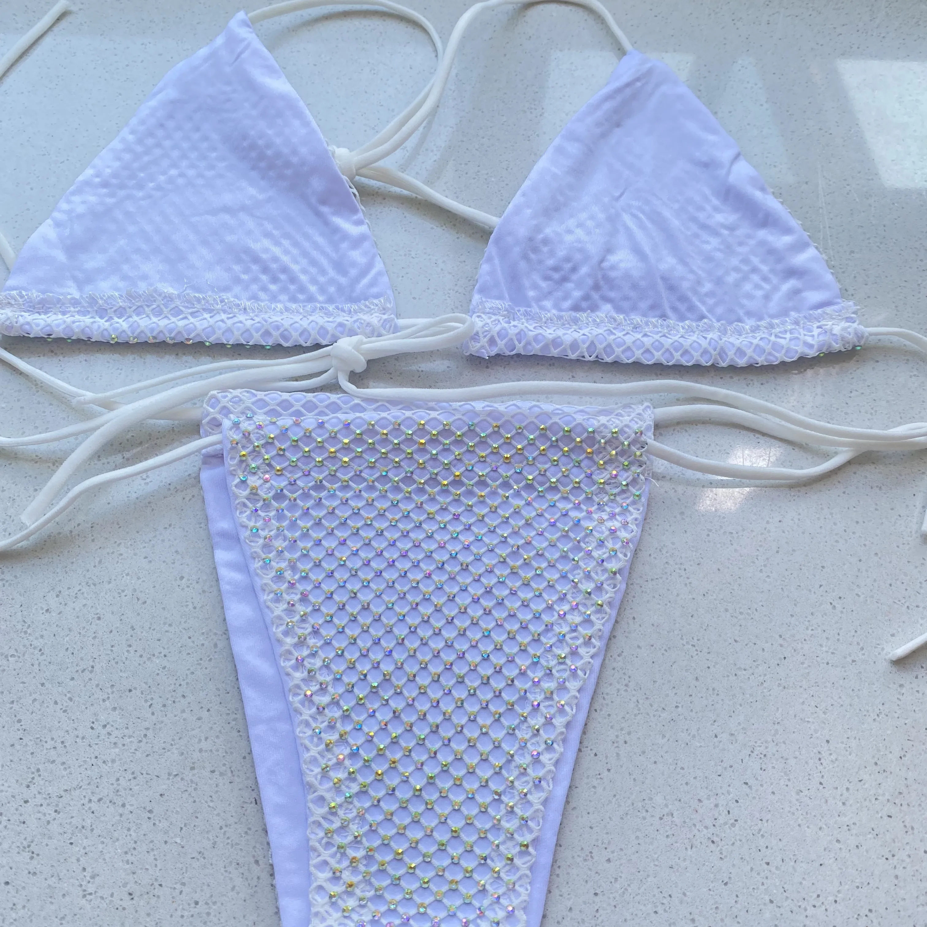 Zestaw Bikini kobiety luksusowy Bling Rhinestone różowy biały kryształowy diament seksowny strój kąpielowy Push Up