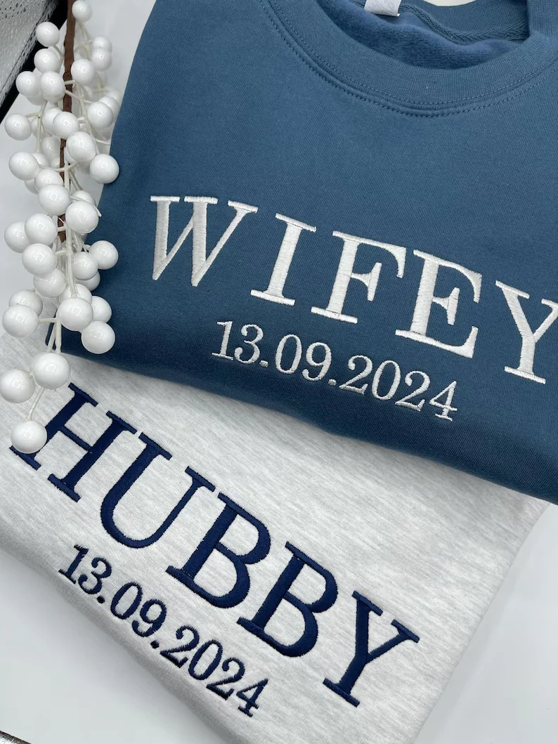 Custom Wifey and Hubby Embroidered Valentine Sweatshirt Matching Couples Jumper Mrs and Mrs Girlfriend Gift Unisex Wedding Gift