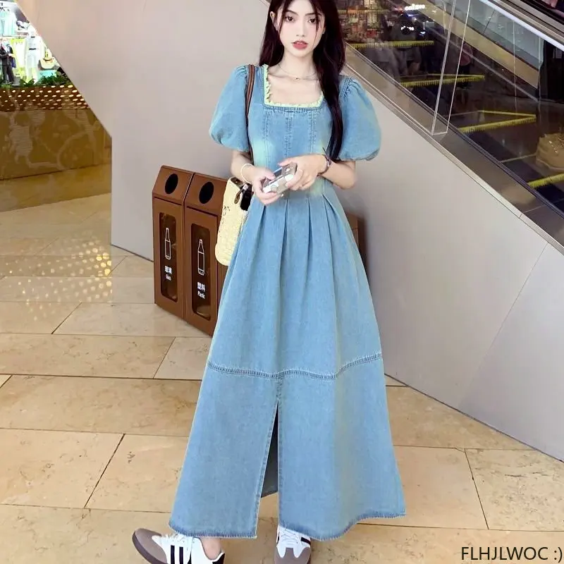 Robe en jean à col carré pour femme, robe longue bleue, jean en coton, style rétro, vintage, pompon, doux, décontracté, doux, coréen, chic, filles