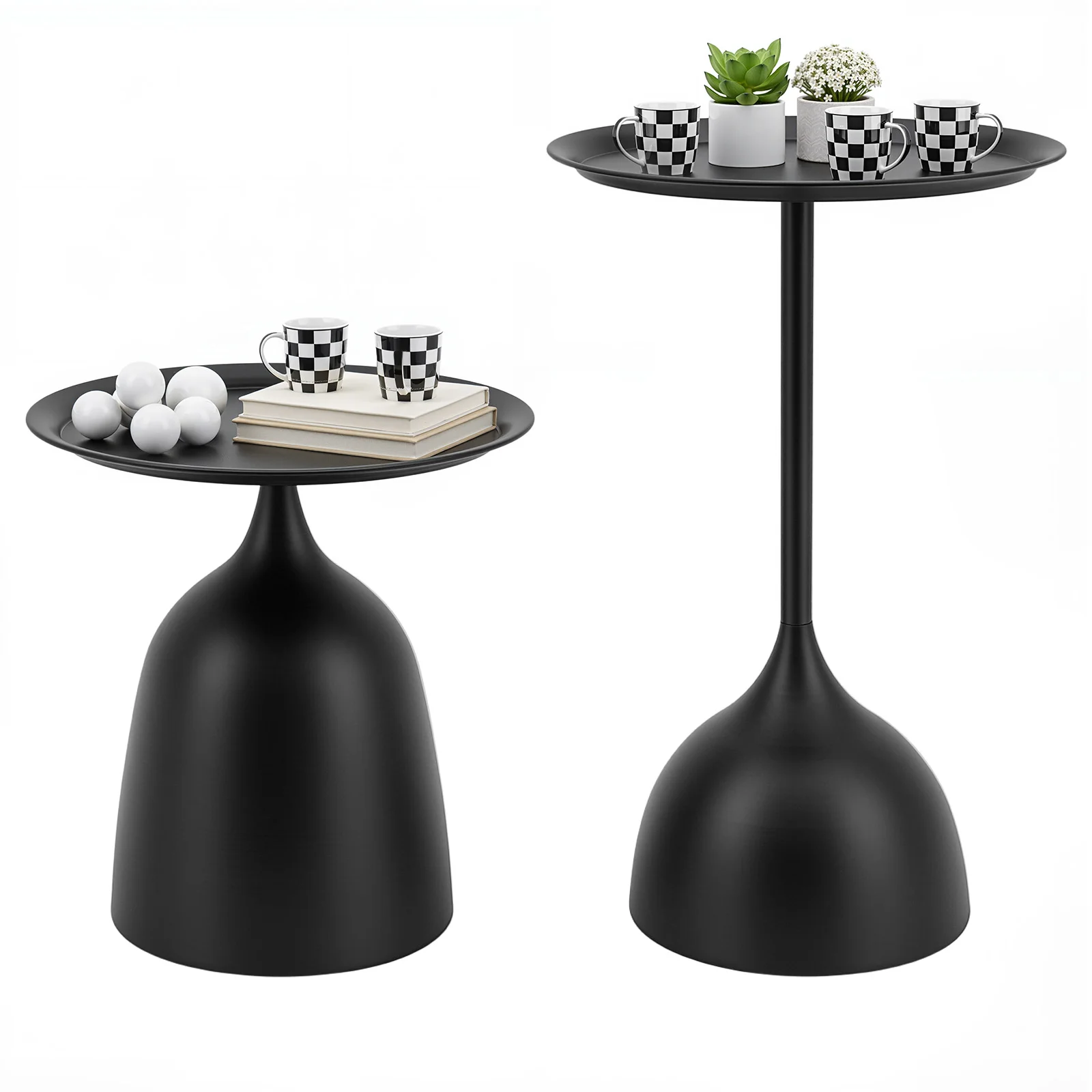 2 Pcs Matte Black Iron Round Nesting Side Table Set, 40cm Round Top 28cm Base 43/60cm Height 4kg Single Load Baking Paint End Table Accessories, Anti-spill Raised Rim Rounded Safe Edge Separate Combined Placement