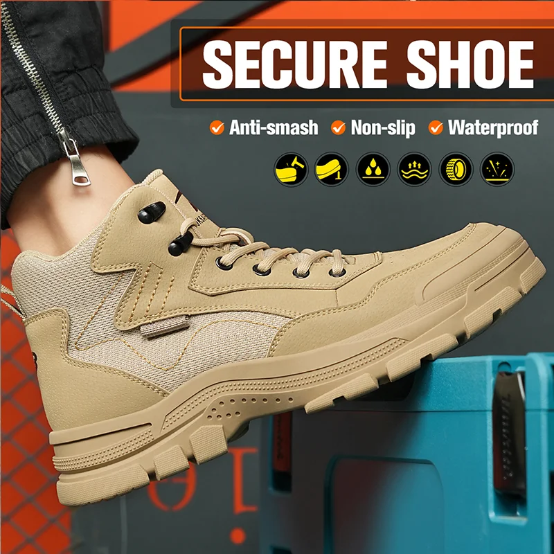 Zapatos de hombre de piel de vacuno transpirables y resistentes al desgaste con puntera de acero, botas de seguridad antigolpes e impermeables.