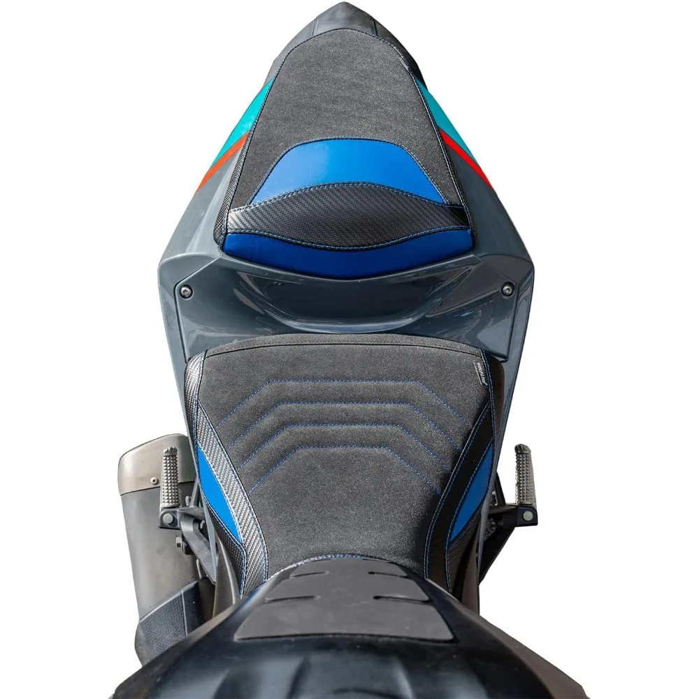 Motorcycle Leather Front Rider Saddle Solo Rear Passenger Seat Cushion Pillion Pad Compatible with MT-03 YZF-R3 2015-2024, Blue