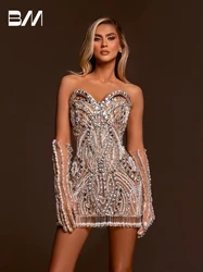 Silver Evening Dress No Gloves Sexy Party Crystals Club Dresses Mini Cocktail Tassel Pearls Customized Prom Vestidos De Novia