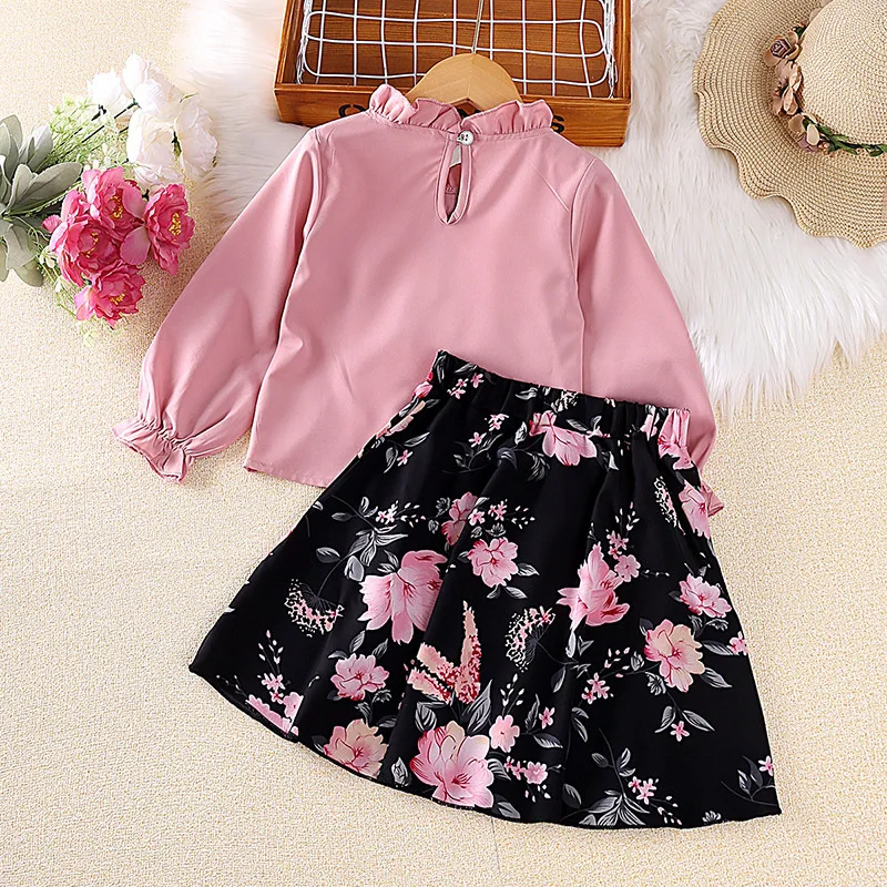 2 Pcs Kids Casual Clothing Sets Outfits for Girls 2024 Spring New Toddler Ruffle Pink Tops Floral Print Skirt Fashion Children