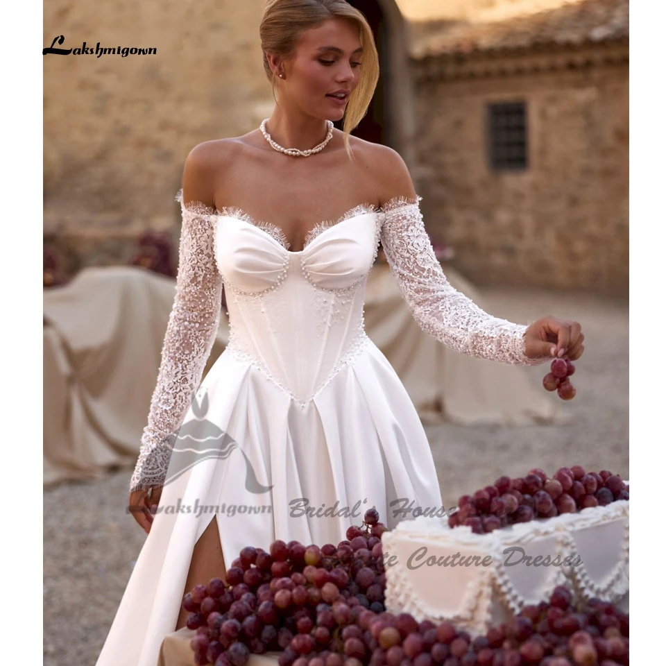 Lakshmigown Wunderschöne Boho-Satin-Hochzeitskleider mit langen Ärmeln 2026 Vestidos Civil Spitzen-Kirchen-Brautkleider Sweetheart Maßanfertigung – Detail 4