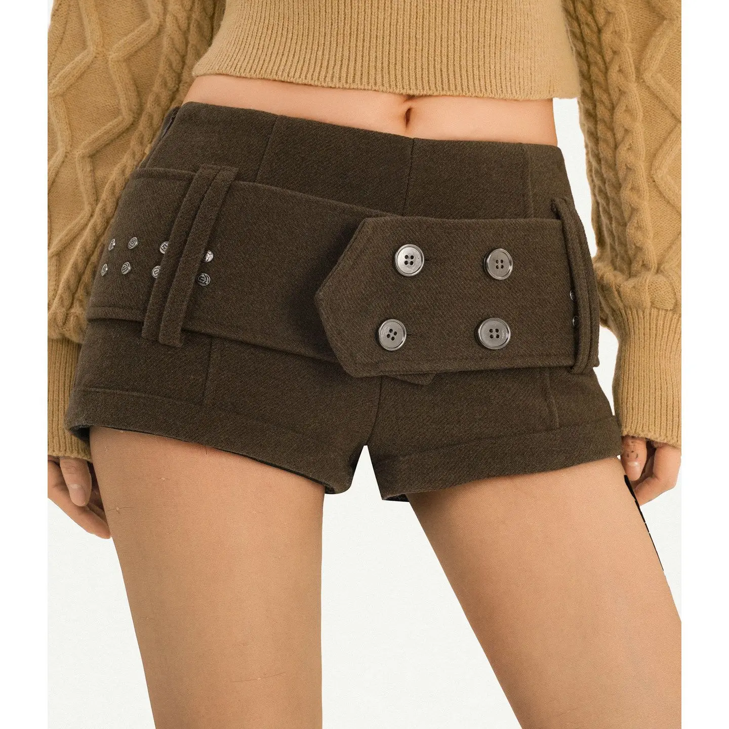 Double-breasted Boots, New Retro Coffee Slim-fitting Short Pants