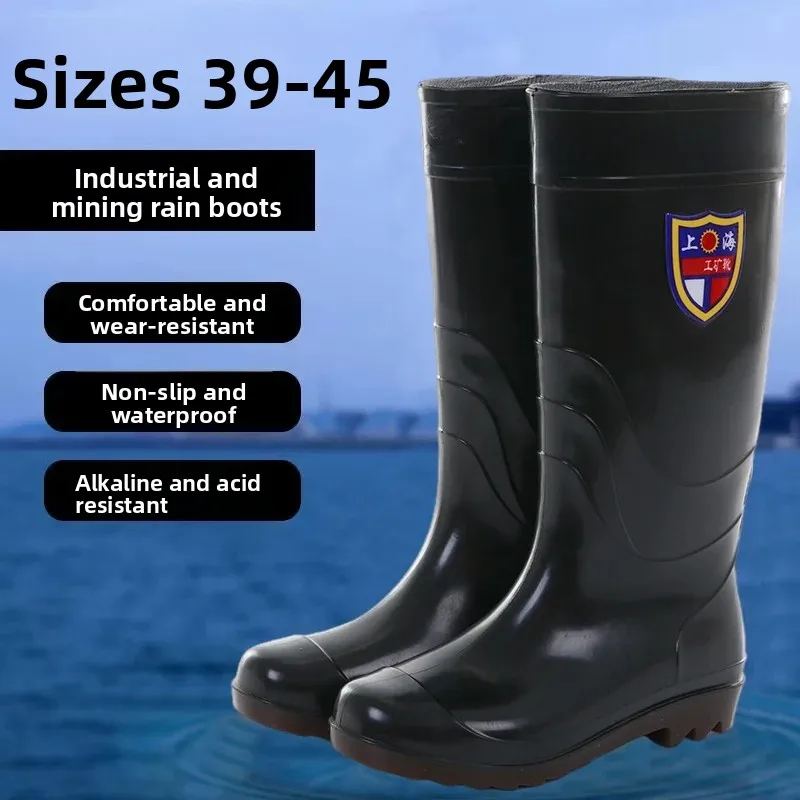 Men's Mid-High Tube Rain Boots Waterproof Anti-Slip Construction Workwear Fleece Warm Fishing Seafood Gathering Rubber Shoes