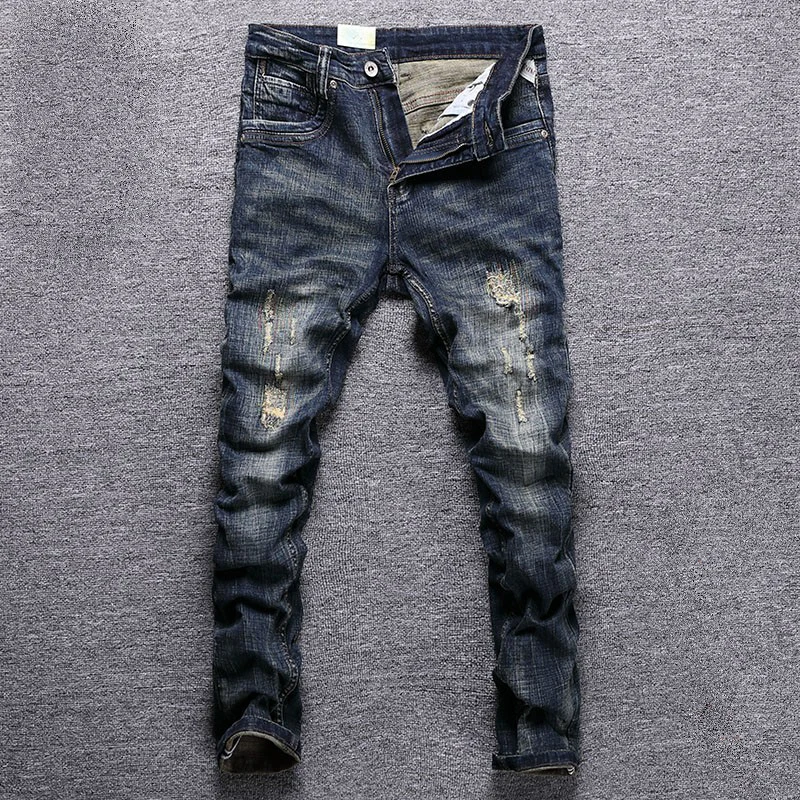 Mới Được Nhà Thiết Kế Quần Jean Thời Trang Nam Retro Xanh Dương Thun Mỏng Phù Hợp Với Quần Jeans Rách Nam Vintage Cổ Cotton Denim Quần Hombre