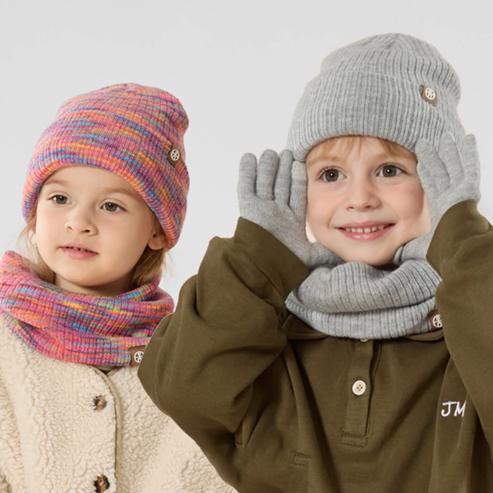 3pcs set Children Beanies snood gloves knit striped Kids hats Scarf double layers Winter Hat Snood Gloves Set for Girl Boy 2-8Y