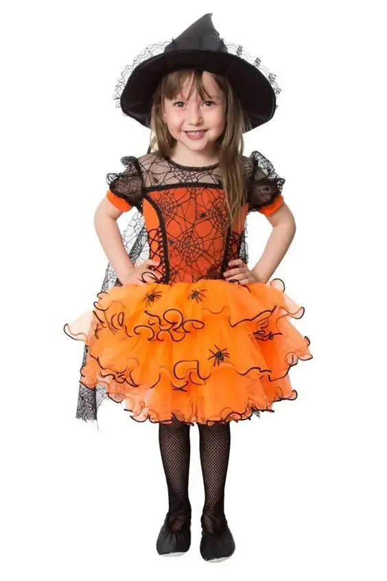 Mädchen-Spinnen-Hexen-Tutu-Kleid-Set, Spinnennetz-Netzcape, Hexenhut, Handschuhe, Kürbistasche, Leggings für Kinder, Halloween-Cosplay-Outfit – Detail 2