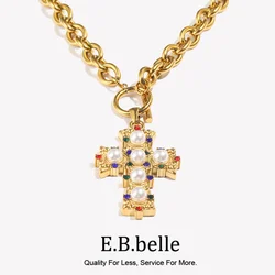 E.B.belle Vintage Style OT Buckle Blue Rhinestone Pearl Cross Pendant Necklace 18K Gold Plated Stainless Steel Neck Jewelry