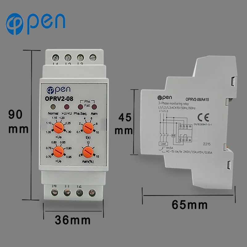 OPEN Protection relay Phase Sequence Overvoltage and Undervoltage Control ON OFF Protecting Safe Electrics Multi-function