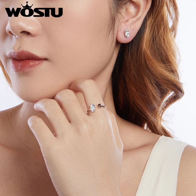 WOSTU 925 Sterling Silver Coffee Bean Stud Earrings Open Ring Jewelry Set Zircon Rings for Women Fine Jewelry Party Dating Daily