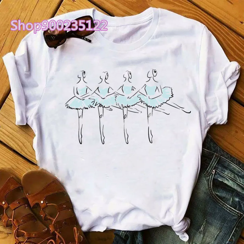 Ballerina di balletto T Shirt donna elegante danza manica corta cartone animato bianco top abbigliamento donna stampa estetica grafica Tees femminile