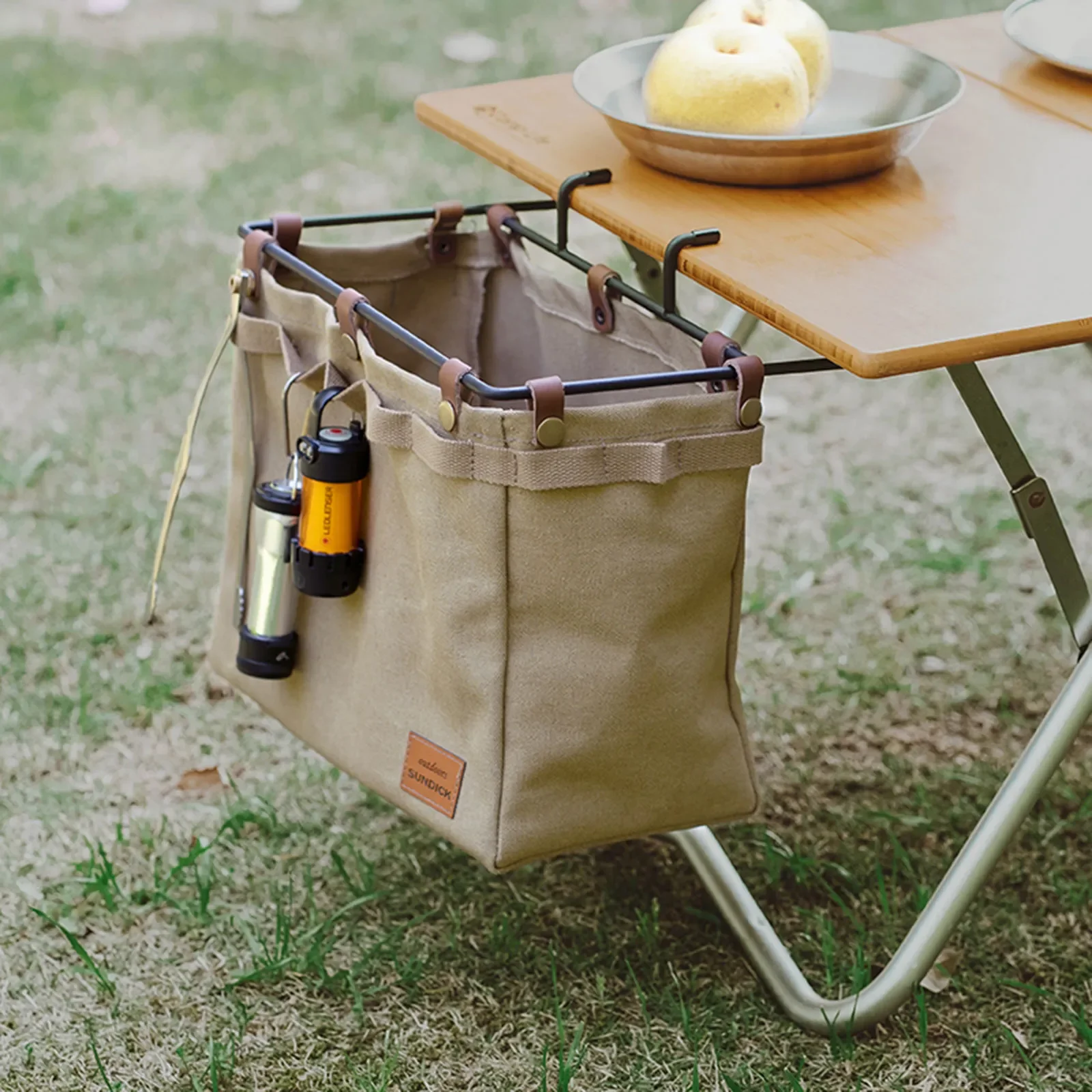 

Multifunctional Camping Table Side Storage Bag Folding Canvas Bag with Hook Outdoor Picnic Desk Cookware Hanging Bag