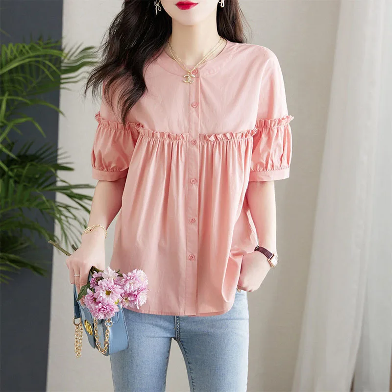 Summer Fashion Folds Ruffles Patchwork Loose Shirts Female Casual All-match Single-breasted Solid Color Short Sleeve Blouses