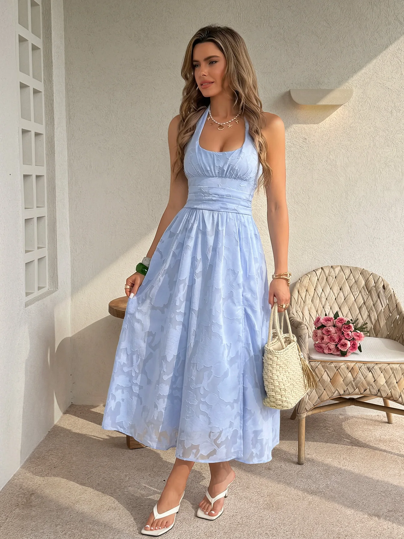 

Women's Blue Halter Neck Midi Dress Backless Tie Back Floral Jacquard High Waist A Line Summer Beach Vacation Wedding Guest Wear