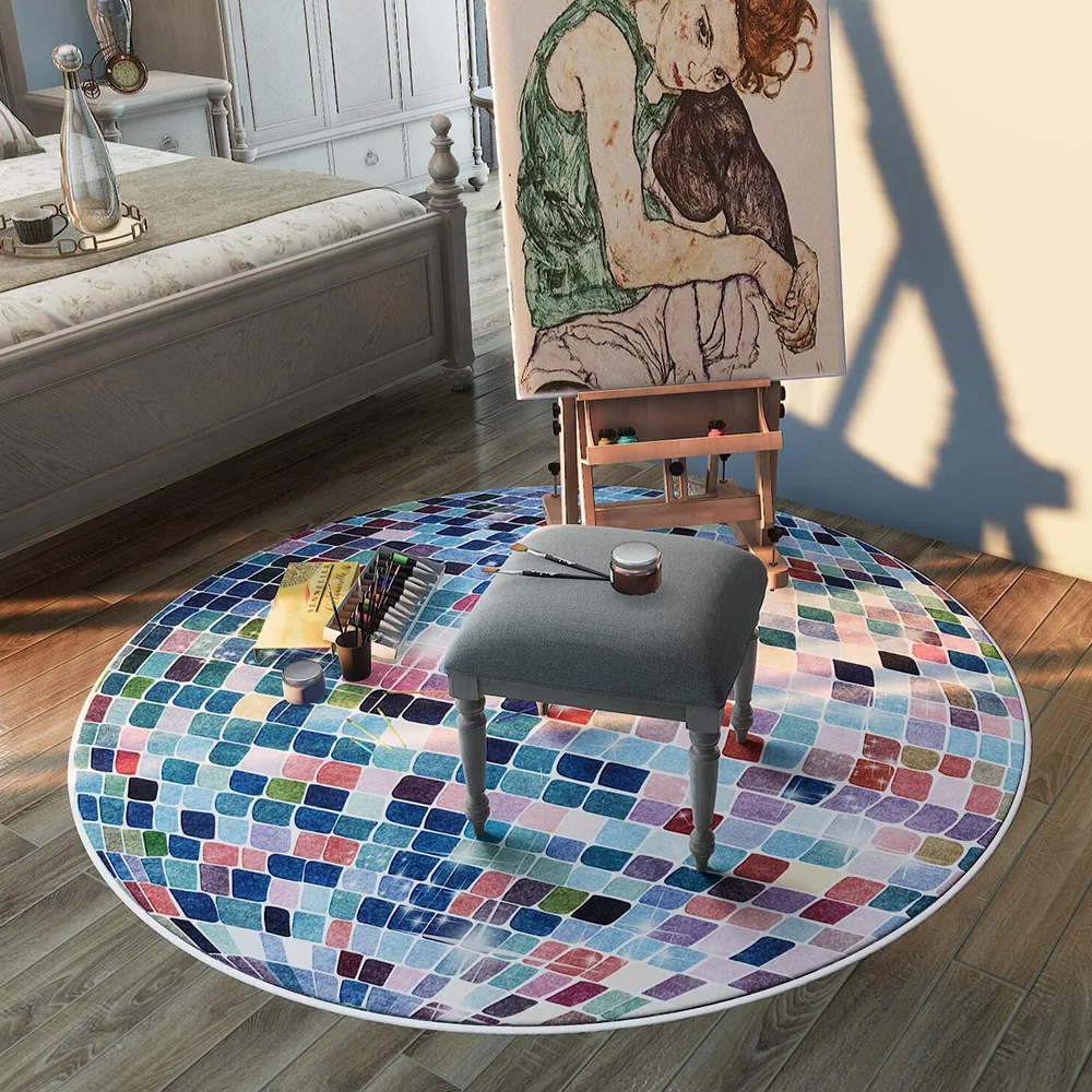 Tappeto Rotondo Trendy con Motivo Blu-Grigio Disco per Soggiorno e Camera da Letto, Tappetini per Tavolino, Tappetini per Salotto, Tappetini per Cucina