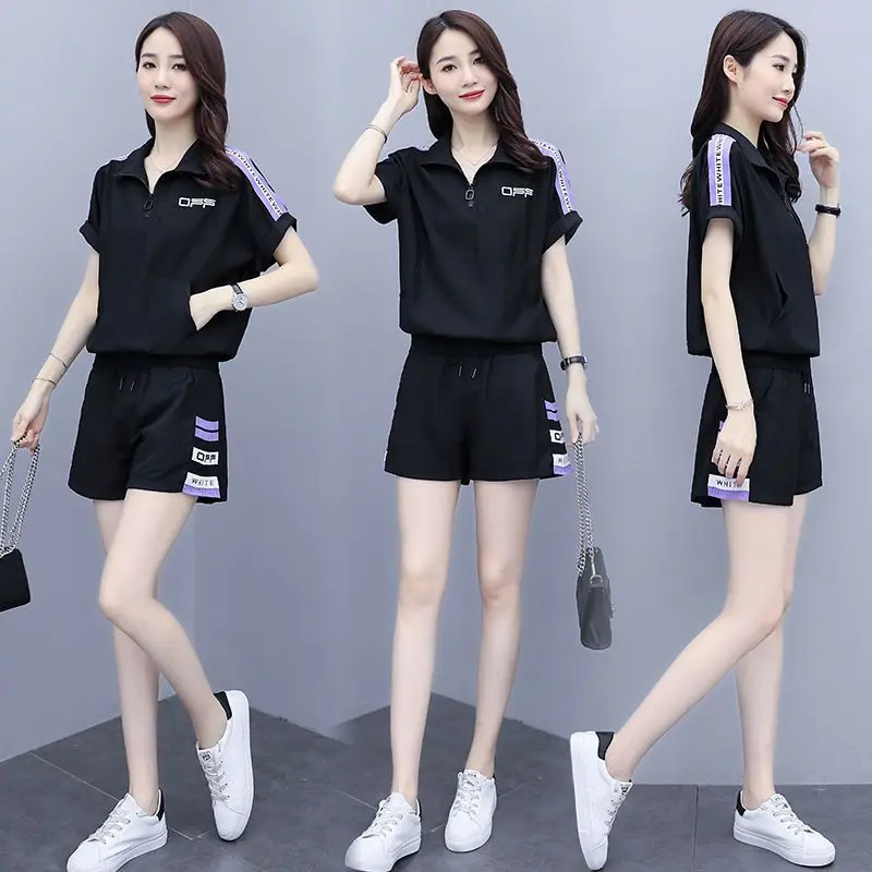 Korean Edition Loose Size Fashion Short Sleeve T-shirt and Lace Up Wide Leg Shorts for Women\'s Summer New Casual Two Piece Set