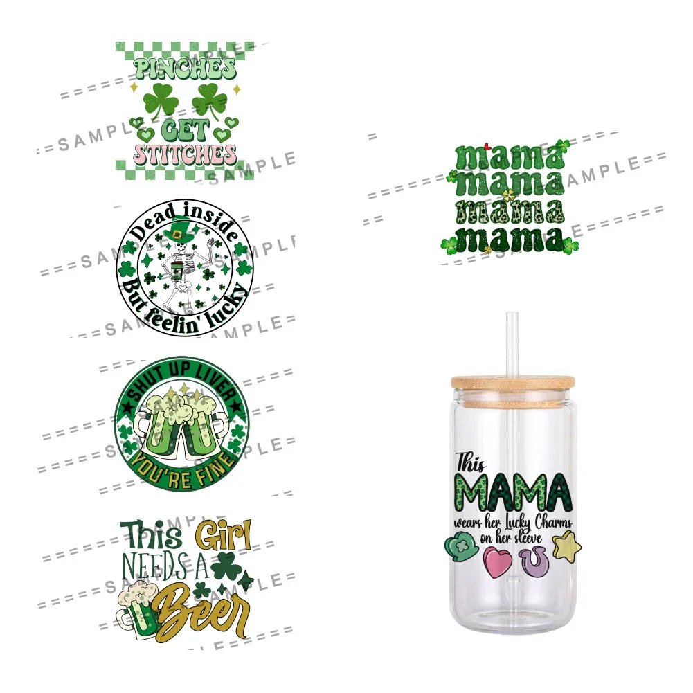 11x12cm Saint Patrick's Day Clover Pattern UV DTF Waterproof Transfers Decals For 16oz Glass Cup Wrap Stickers