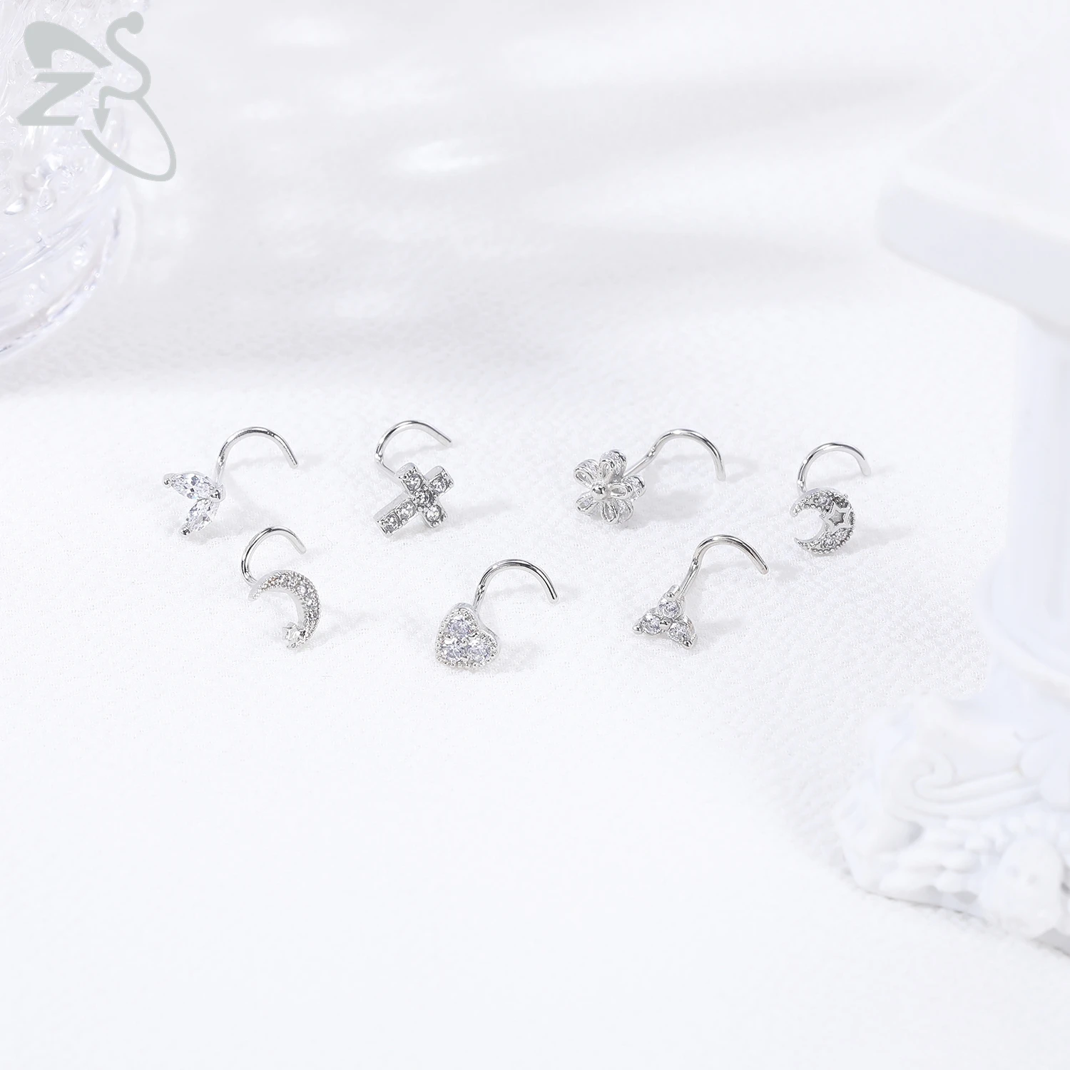 ZS 1PC 20G Stainless Steel Nose Piercingt Star Heart Cross Rose CZ Crystal Nose Stud Screw S-Shaped Nostril Piercings  Jewelry