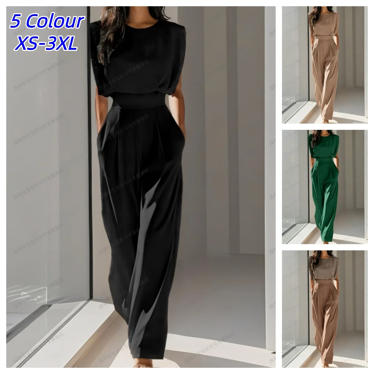 Eleganter Hochgeschnittener Jumpsuit Damenmode Sommer-Hosenanzug Einfarbig mit Taillengürtel und Taschen Bürotauglicher Einteiler
