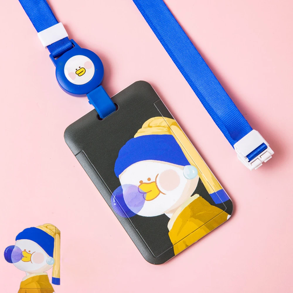 

Women Student Keychain Cartoon Hang Rope Card Holder Bus Card Protection Cover Pull Badge Holders Oil Painting Card Case